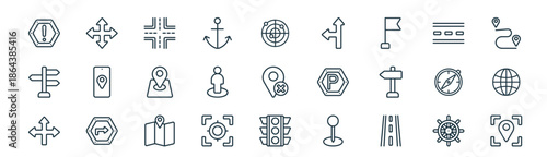 modern linear location and navigation icon set. vector thin line outline symbols for ui/ux app and web interfaces. minimal stroke collection including helm, four arrows, crossroad, road, street