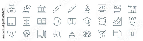 modern linear school icon set. vector thin line outline symbols for ui/ux app and web interfaces. minimal stroke collection including diploma, table lamp, history, pencil case, basketball ball,