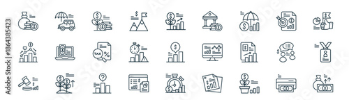 modern linear business and finance icon set. vector thin line outline symbols for ui/ux app and web interfaces. minimal stroke collection including atm hine, car insurance, growth, target, overdue,