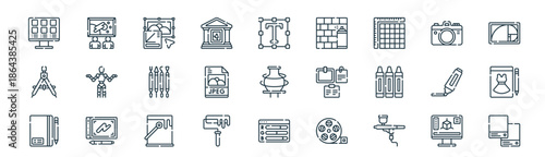 modern linear art design icon set. vector thin line outline symbols for ui/ux app and web interfaces. minimal stroke collection including d de, art show, digital, camera, jpeg, fashion de, rgb,