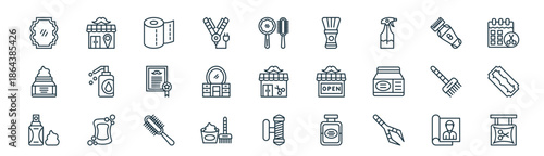 modern linear hair salon icon set. vector thin line outline symbols for ui/ux app and web interfaces. minimal stroke collection including magazines, location, tissue roll, electric shaver, table,