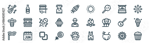 modern linear festa junina icon set. vector thin line outline symbols for ui/ux app and web interfaces. minimal stroke collection including sunflower, beer, food cart, cake, lantern, ice cream,