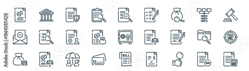 modern linear audit icon set. vector thin line outline symbols for ui/ux app and web interfaces. minimal stroke collection including inspection, bank, policy, data collection, budget, target, bill,