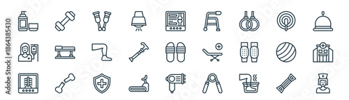 modern linear physiotherapy icon set. vector thin line outline symbols for ui/ux app and web interfaces. minimal stroke collection including chest expander, weight, crutch, electrode, walking stick,