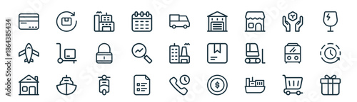 modern linear delivery icon set. vector thin line outline symbols for ui/ux app and web interfaces. minimal stroke collection including shopping cart, return, industry, handle with care, tracking,