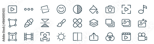modern linear ui photo and video edit icon set. vector thin line outline symbols for ui/ux app and web interfaces. minimal stroke collection including movie, dots, straighten, video, brush,