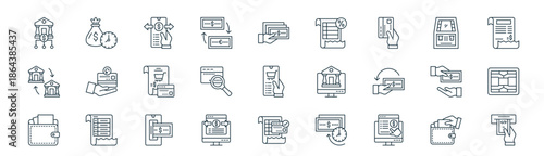 modern linear payment icon set. vector thin line outline symbols for ui/ux app and web interfaces. minimal stroke collection including paying, time is money, money transfer, atm, ccv, credit card