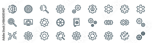 modern linear cogwheel icon set. vector thin line outline symbols for ui/ux app and web interfaces. minimal stroke collection including options, cogwheels, cogwheel, cogwheel, cogwheels, cogwheels.
