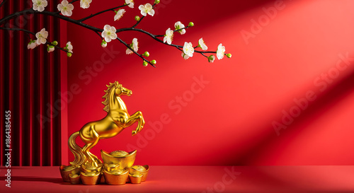 Wallpaper Mural Chinese New Year Gold Horse Statue on Red Background with White Cherry Blossoms for Greeting Cards, Posters, or Social Media Torontodigital.ca