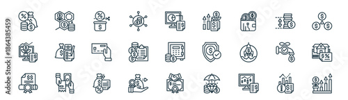modern linear financial freedom icon set. vector thin line outline symbols for ui/ux app and web interfaces. minimal stroke collection including risk, compound, tax haven, margin, plans, mortgage,
