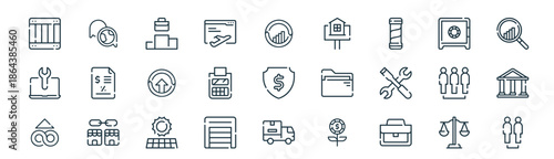 modern linear sme business icon set. vector thin line outline symbols for ui/ux app and web interfaces. minimal stroke collection including legal, translation, podium, safety box, calculator, bank,