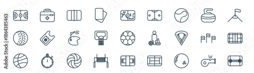 modern linear sport icon set. vector thin line outline symbols for ui/ux app and web interfaces. minimal stroke collection including whistle, medical kit, volley court, curling, hoop, badminton