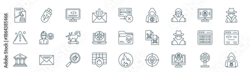 modern linear cyber crime icon set. vector thin line outline symbols for ui/ux app and web interfaces. minimal stroke collection including webcam, usb, programming, malware, virus, web coding,