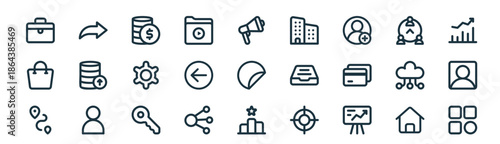 modern linear ui icon set. vector thin line outline symbols for ui/ux app and web interfaces. minimal stroke collection including home, share, finance, share, back, person, reward, apps.