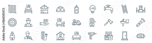 modern linear home improvements icon set. vector thin line outline symbols for ui/ux app and web interfaces. minimal stroke collection including door, bedroom, basement, ladder, living room,