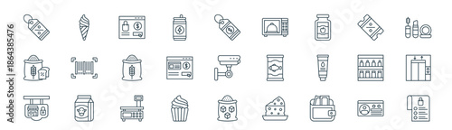 modern linear super market icon set. vector thin line outline symbols for ui/ux app and web interfaces. minimal stroke collection including loyalty card, ice cream, online shopping, coupon, card