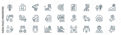 modern linear sales icon set. vector thin line outline symbols for ui/ux app and web interfaces. minimal stroke collection including closure, territory, promotion, techniques, strategy development,