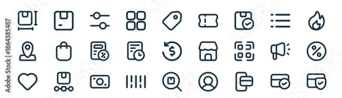 modern linear ecommerce icon set. vector thin line outline symbols for ui/ux app and web interfaces. minimal stroke collection including payment check, box, filter, list, order history, discount,