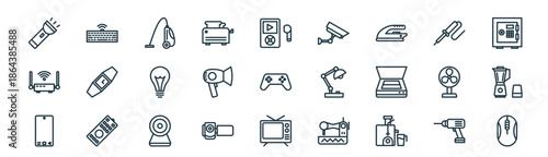 modern linear electronic devices icon set. vector thin line outline symbols for ui/ux app and web interfaces. minimal stroke collection including drill, wireless keyboard, vacuum cleaner, solder,