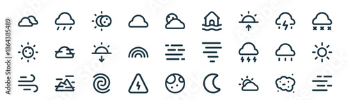 modern linear weather icon set. vector thin line outline symbols for ui/ux app and web interfaces. minimal stroke collection including dust, heavy rain, eclipse, thunderstorm, rainbow, sun, full