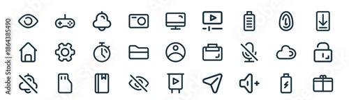 modern linear user interface icon set. vector thin line outline symbols for ui/ux app and web interfaces. minimal stroke collection including charging, game controller, bell, fingerprint, folder,