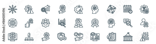 modern linear business continuity icon set. vector thin line outline symbols for ui/ux app and web interfaces. minimal stroke collection including government, issue, improvement, planning, analysis,