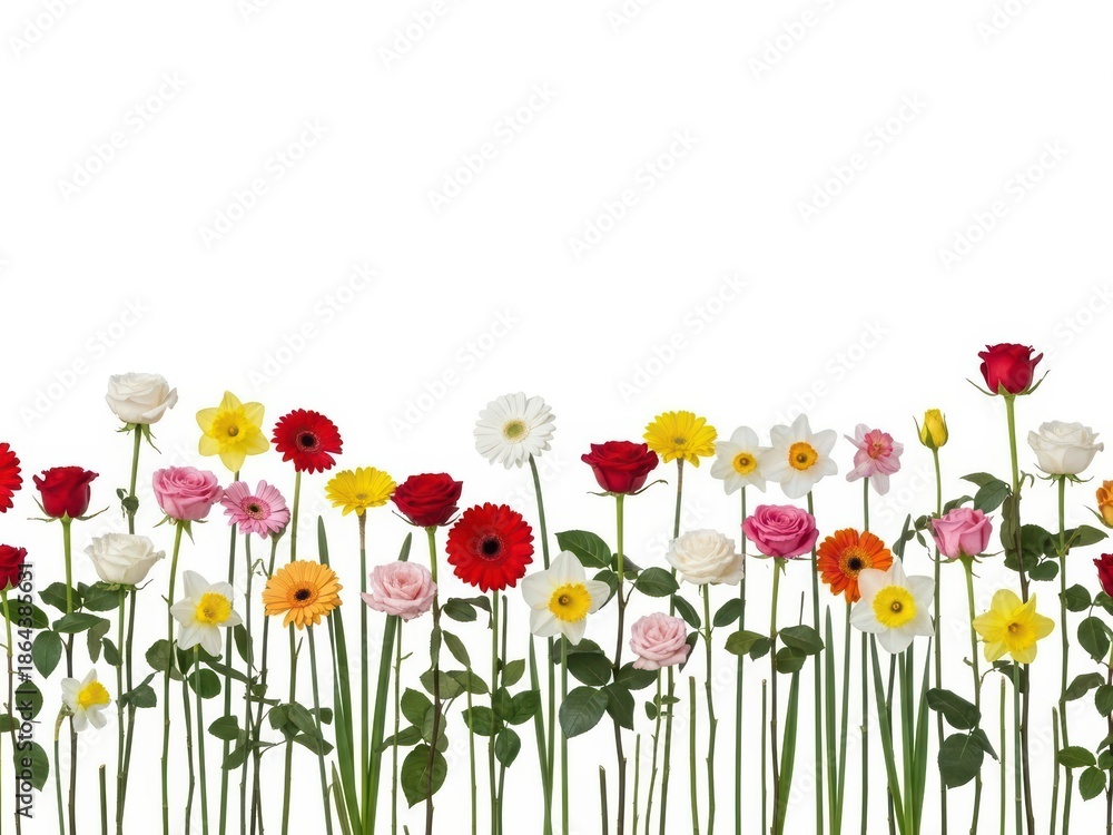 Fototapeta premium Colorful Flower Border, Floral Background, Isolated on White