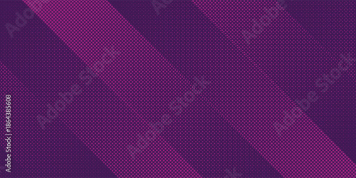Abstract purple background with diagonal halftone dot patterns and geometric stripes, featuring a modern vibrant aesthetic for professional creative banners and digital posters.
