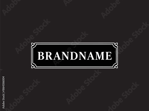 White Brandname Label on Black Background.