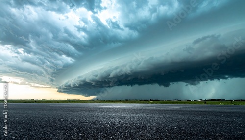 A dramatic cloudscape displays a shelf cloud rolling over a wet, dark road, signaling a storm