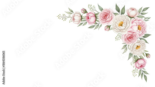 Hand painted watercolor floral corner border with delicate roses and peonies in soft blush pink isolated on white background