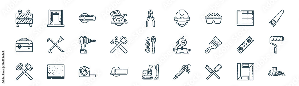 Fototapeta premium modern linear building construction icon set. vector thin line outline symbols for ui/ux app and web interfaces. minimal stroke collection including ruler, scaffolding, steel, drywall, crossed