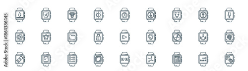 modern linear smartwatch icon set. vector thin line outline symbols for ui/ux app and web interfaces. minimal stroke collection including ratings, protection, wireless, upload, padlock, finger