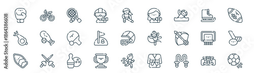 modern linear sports icon set. vector thin line outline symbols for ui/ux app and web interfaces. minimal stroke collection including motor sport, cycling, badminton, ice skate, golf, hockey,