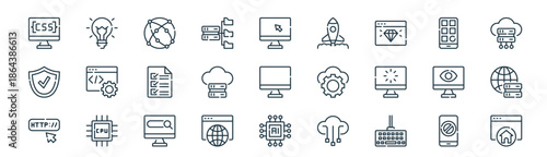 modern linear developer icon set. vector thin line outline symbols for ui/ux app and web interfaces. minimal stroke collection including block, idea, networking, app, data storage, big data,