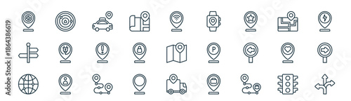 modern linear location icon set. vector thin line outline symbols for ui/ux app and web interfaces. minimal stroke collection including traffic lights, radar, taxi, map, shopping store, turn right,
