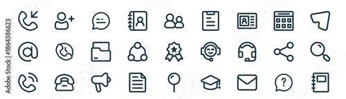 modern linear contact icon set. vector thin line outline symbols for ui/ux app and web interfaces. minimal stroke collection including question, add friend, chat bubble, calendar, share, search,