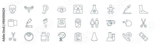 modern linear medical icon set. vector thin line outline symbols for ui/ux app and web interfaces. minimal stroke collection including hospital phone, womb, ear, chemical dropper, weight scale,