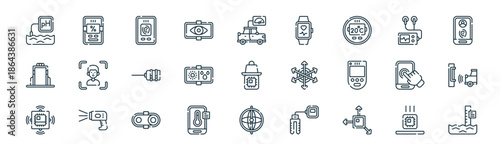 modern linear sensorization of things icon set. vector thin line outline symbols for ui/ux app and web interfaces. minimal stroke collection including fall, humidity sensor, fingerprint sensor, ecg,