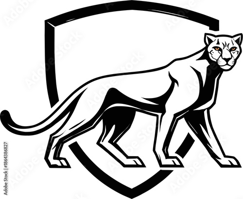 Cougar Panther Mascot with Shield Logo Vector Illustration for Sports Team or Security Emblem