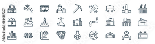 linear industrial icon pack. vector thin line icons collection such as gas pipe, water tap, pressure meter, valve, water supply, warehouse, chemistry, car battery