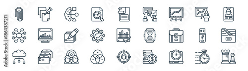 linear organisation icon pack. vector thin line icons collection such as stopwatch, pin, brain, presentation, world, binders, goals, rook