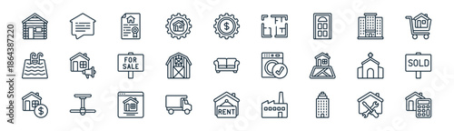 linear real estate icon pack. vector thin line icons collection such as home renovation, home, deed, condo, barn, sold, house rental, budgeting