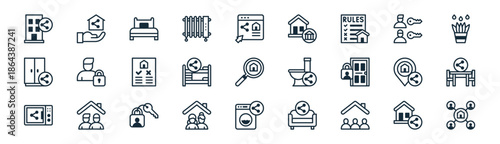 linear shared flat icon pack. vector thin line icons collection such as shared flat, shared flat, single bed, room key, bunk bed, dinner table, washing hine,