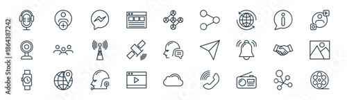 linear network and communication icon pack. vector thin line icons collection such as connection, add user, messenger, information, space satellite, photo, cloud, movie