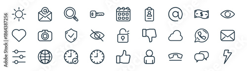 linear user interface icon pack. vector thin line icons collection such as chat bubble, email, loupe, money, hide, envelope, like, thunder