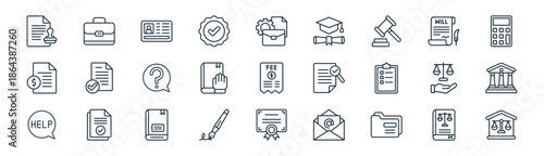 linear notary icon pack. vector thin line icons collection such as law book, briefcase, personal id, last will, oath, courthouse, certificate, dwelling