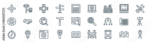 linear geodetic survey icon pack. vector thin line icons collection such as map location, tacheometer, chip, sketch, hammer, tacheometer, book, tacheometer