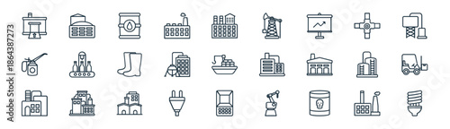 linear industrial icon pack. vector thin line icons collection such as oil refinery, storage tank, oil barrel, gas pipeline, oil refinery, forklift truck, atm, energy saver