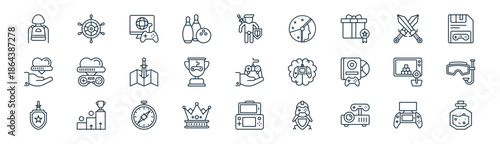 linear gaming icon pack. vector thin line icons collection such as psp, ship wheel, online game, sword, trophy, snorkel, tab, potion